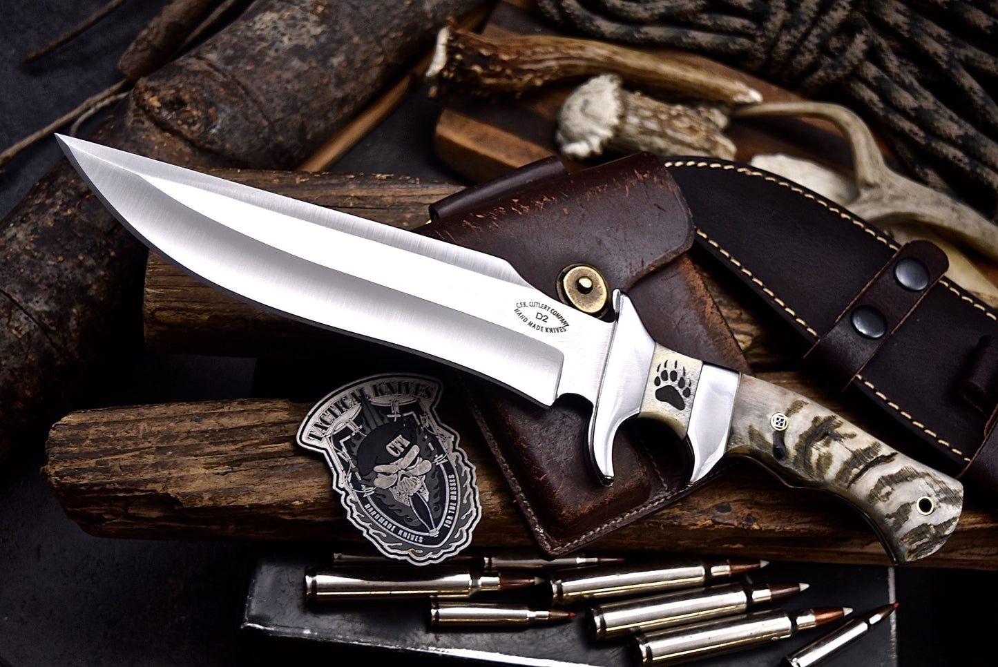 CFK Handmade D2 Custom BEAR PAW SCRIMSHAW BONE SHEEP HORN Sub Hilt Hunting Knife Set