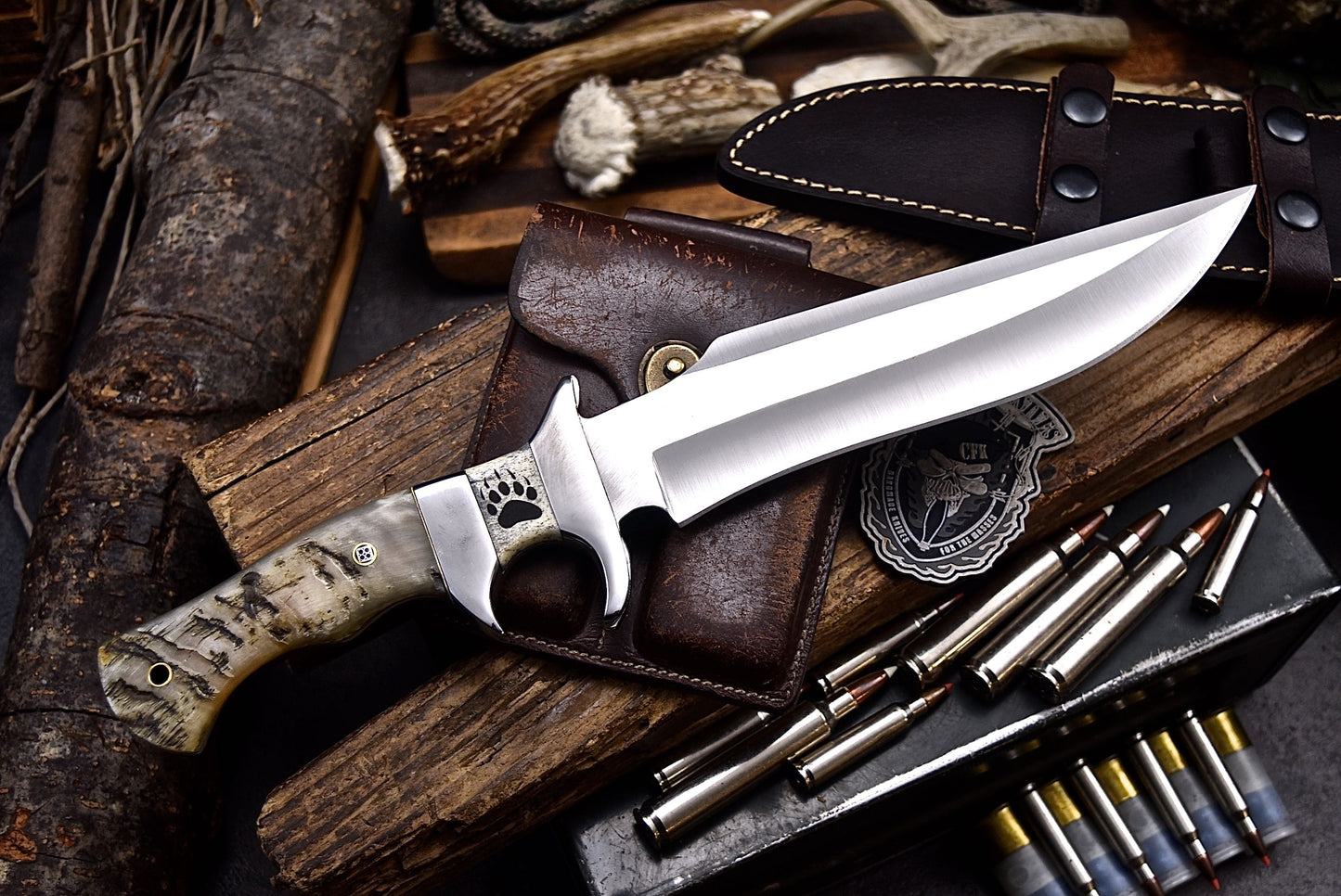 CFK Handmade D2 Custom BEAR PAW SCRIMSHAW BONE SHEEP HORN Sub Hilt Hunting Knife Set
