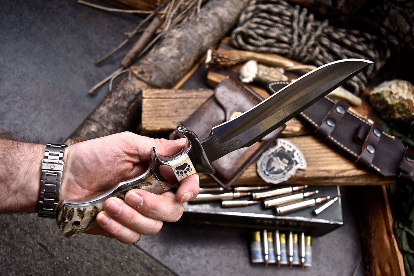 CFK Handmade D2 Custom BEAR PAW SCRIMSHAW BONE SHEEP HORN Sub Hilt Hunting Knife Set