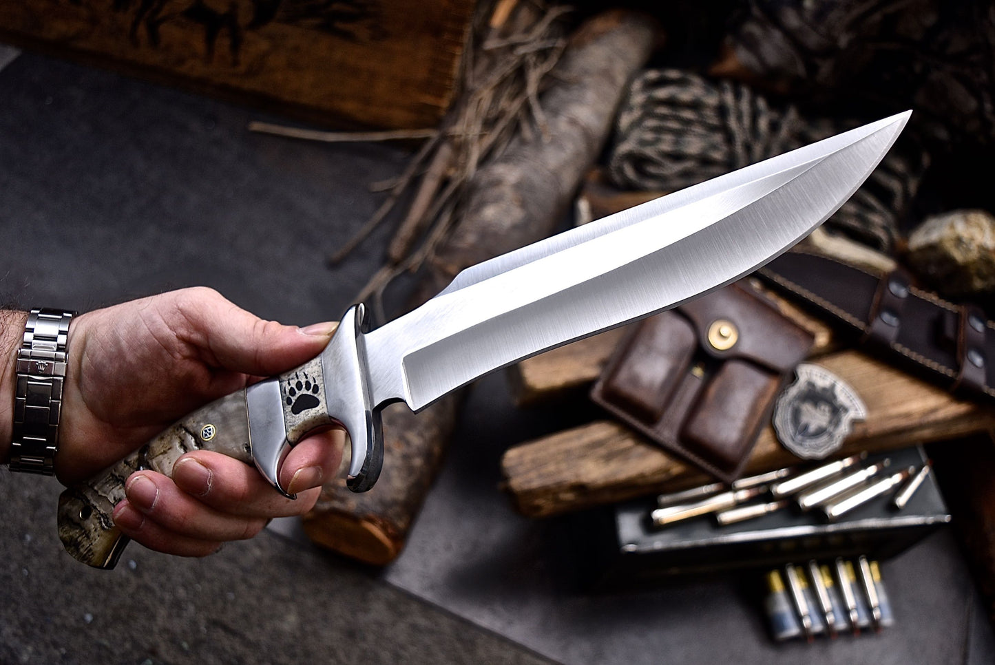 CFK Handmade D2 Custom BEAR PAW SCRIMSHAW BONE SHEEP HORN Sub Hilt Hunting Knife Set