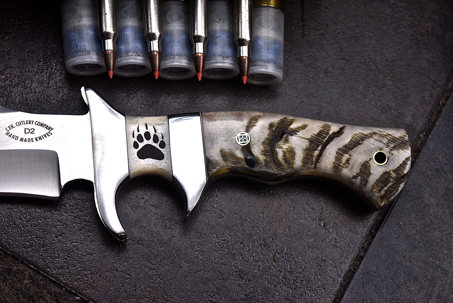 CFK Handmade D2 Custom BEAR PAW SCRIMSHAW BONE SHEEP HORN Sub Hilt Hunting Knife Set