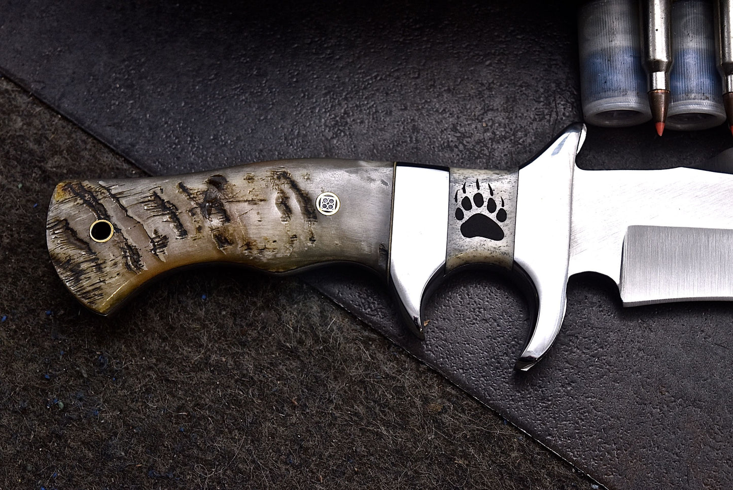 CFK Handmade D2 Custom BEAR PAW SCRIMSHAW BONE SHEEP HORN Sub Hilt Hunting Knife Set