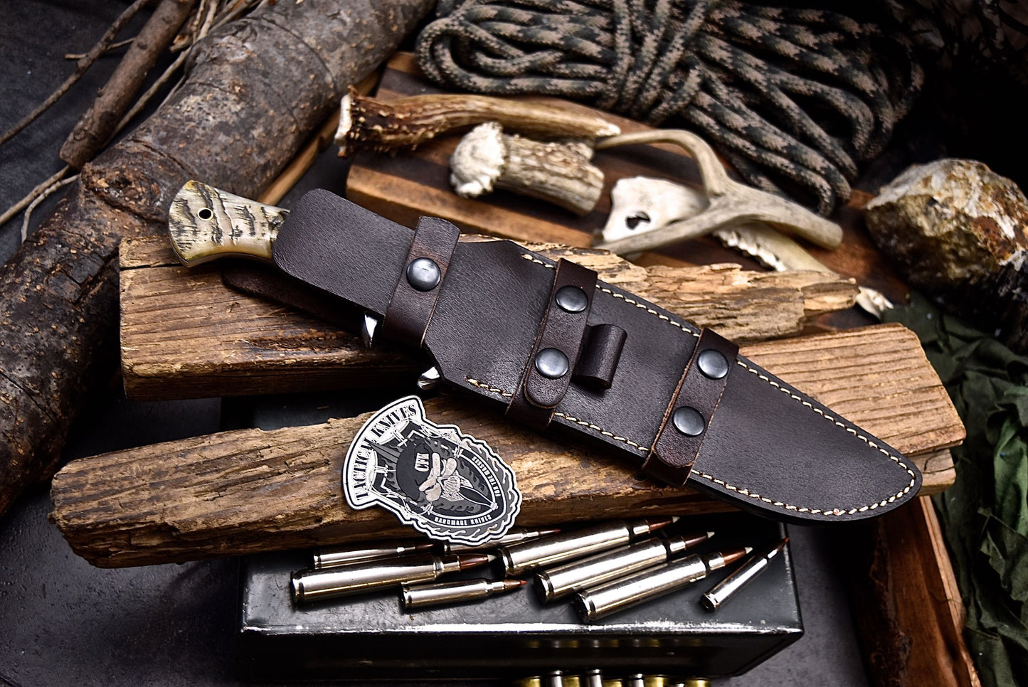 CFK Handmade D2 Custom BEAR PAW SCRIMSHAW BONE SHEEP HORN Sub Hilt Hunting Knife Set