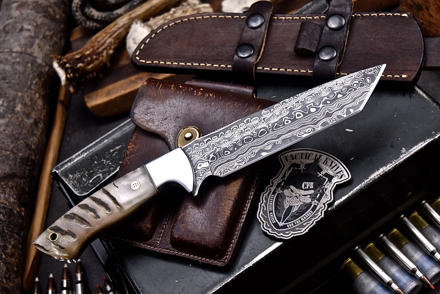 CFK Handmade Damascus Custom SHEEP HORN Hunting Camping TANTO Sport Knife Set