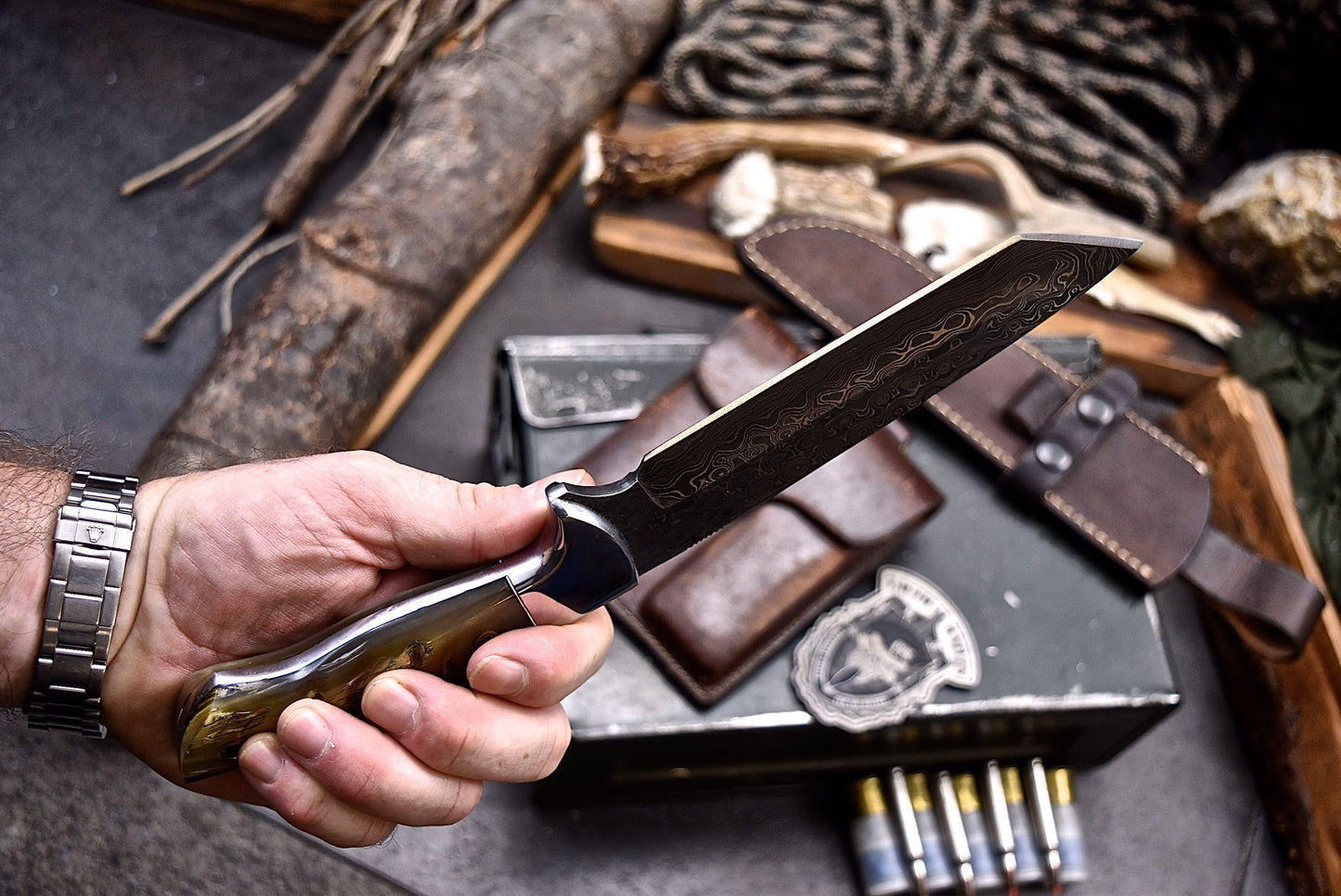 CFK Handmade Damascus Custom SHEEP HORN Hunting Camping TANTO Sport Knife Set