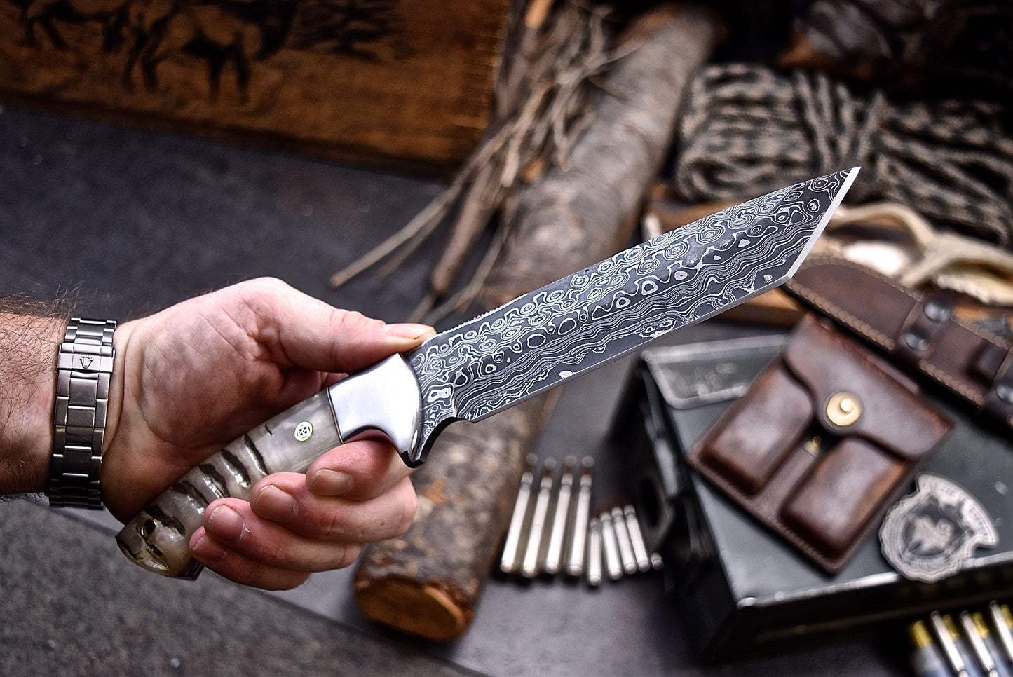 CFK Handmade Damascus Custom SHEEP HORN Hunting Camping TANTO Sport Knife Set