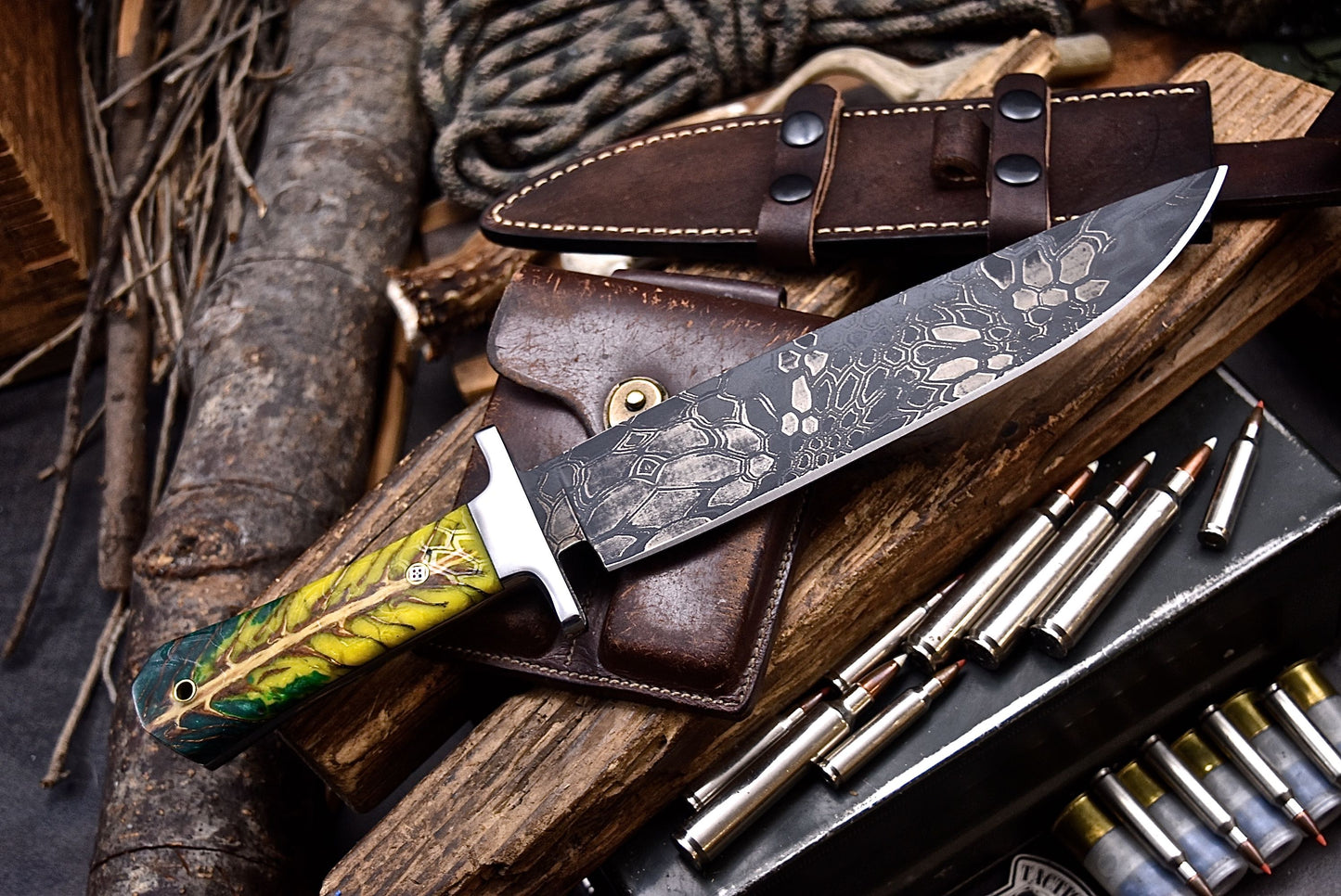 CFK Handmade CAMO AUS-10 Custom PINE CONE Corelon COFFIN BOWIE Hunting Camping Knife Set
