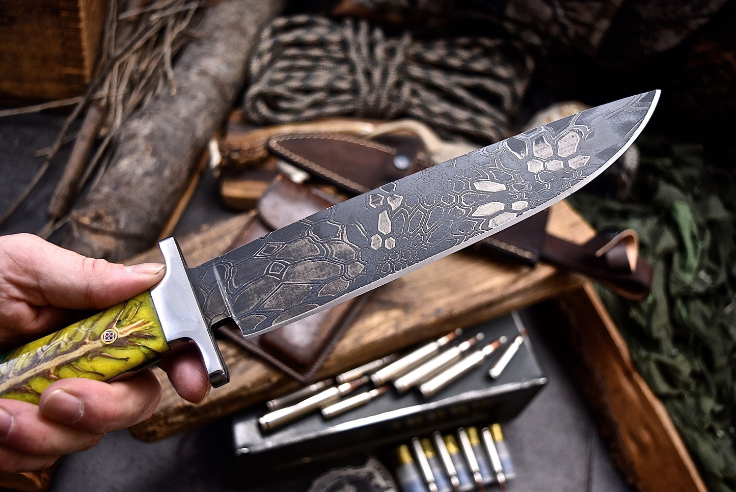 CFK Handmade CAMO AUS-10 Custom PINE CONE Corelon COFFIN BOWIE Hunting Camping Knife Set