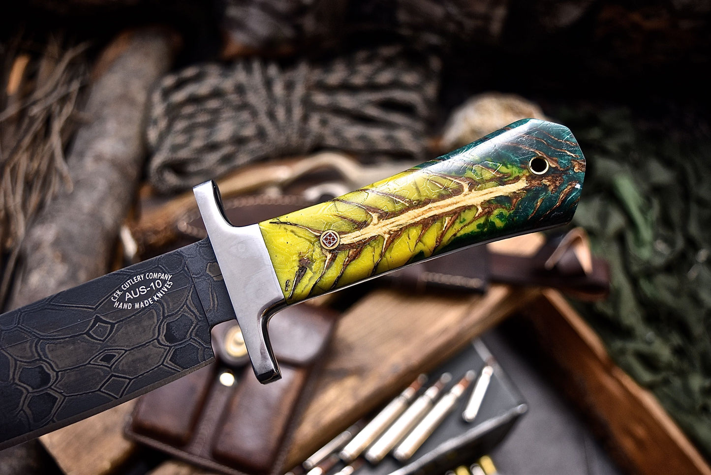 CFK Handmade CAMO AUS-10 Custom PINE CONE Corelon COFFIN BOWIE Hunting Camping Knife Set