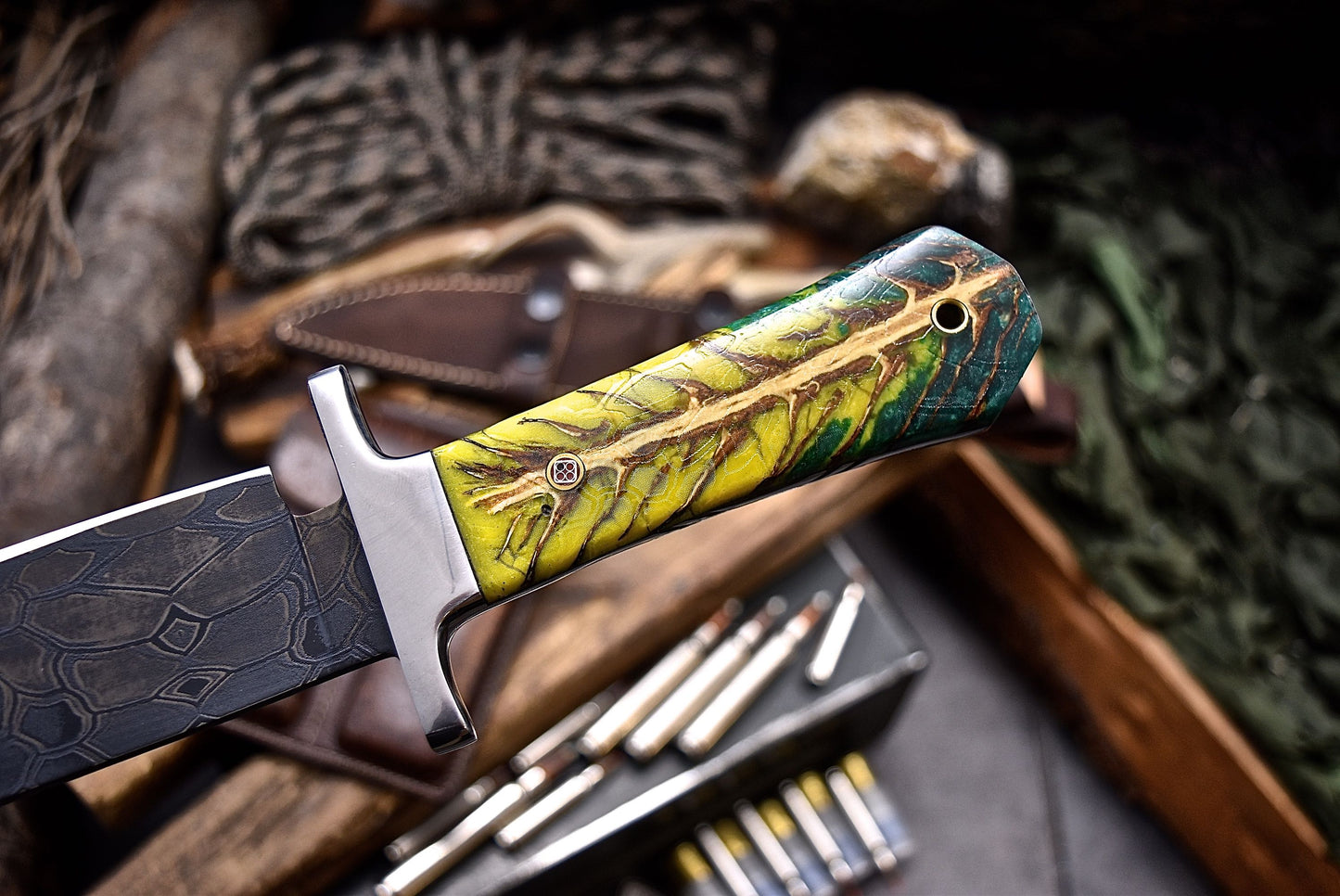 CFK Handmade CAMO AUS-10 Custom PINE CONE Corelon COFFIN BOWIE Hunting Camping Knife Set