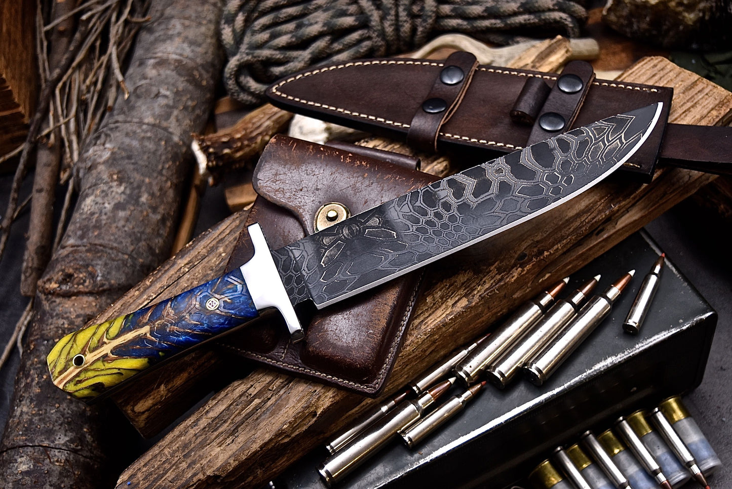 CFK Handmade CAMO AUS-10 Custom PINE CONE Corelon COFFIN BOWIE Hunting Camping Knife Set