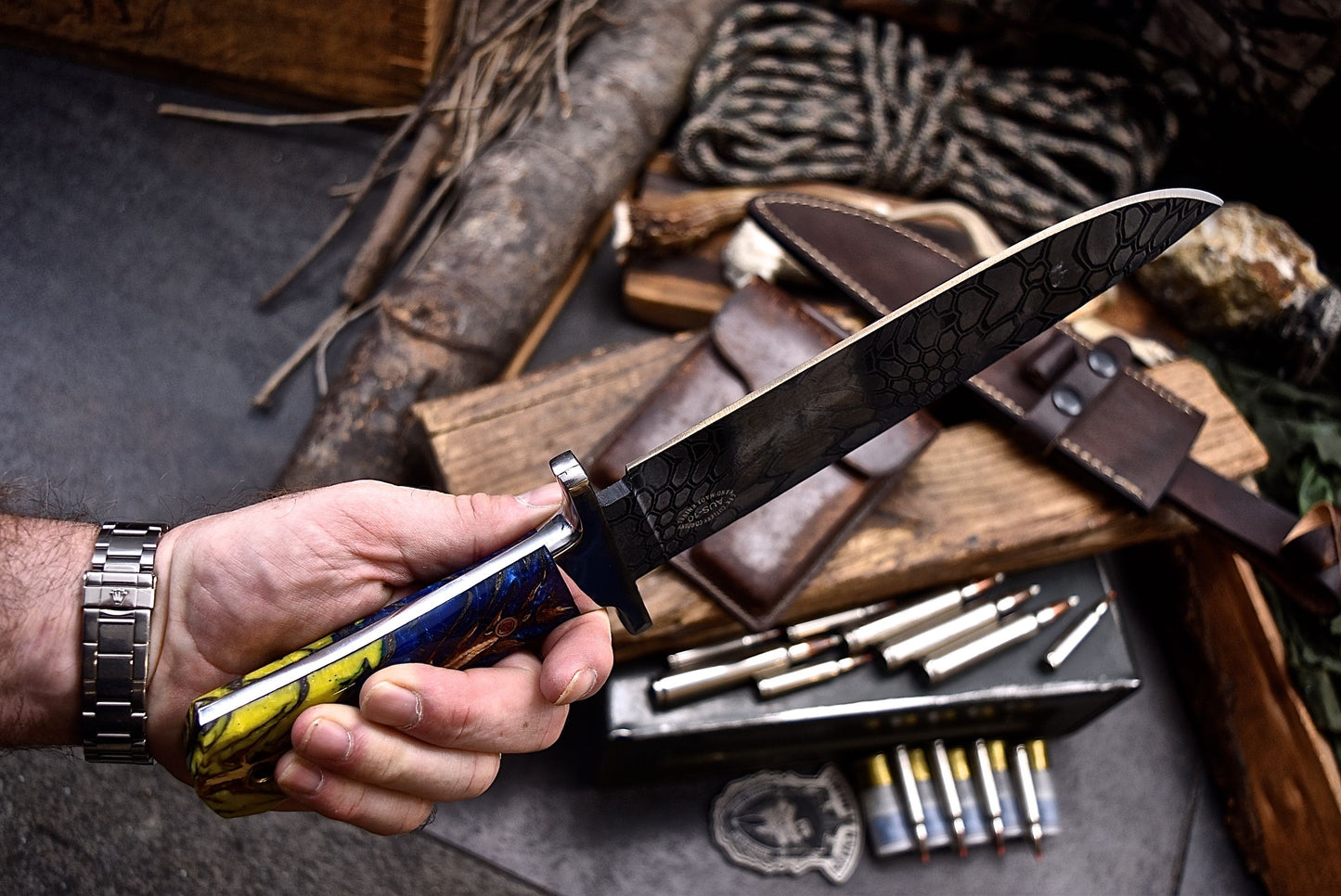 CFK Handmade CAMO AUS-10 Custom PINE CONE Corelon COFFIN BOWIE Hunting Camping Knife Set