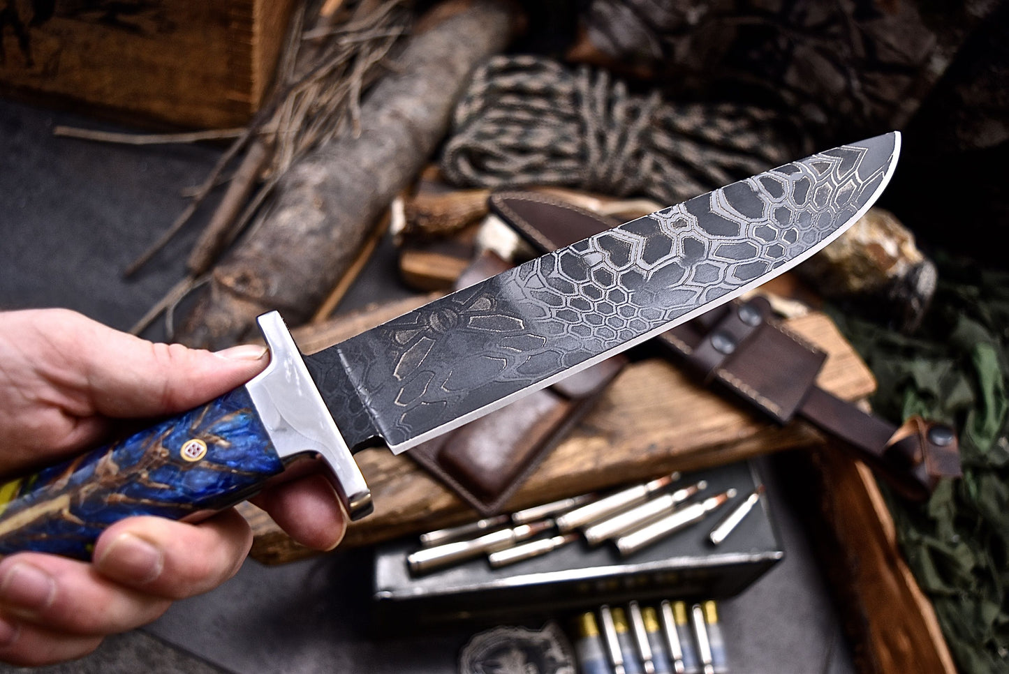 CFK Handmade CAMO AUS-10 Custom PINE CONE Corelon COFFIN BOWIE Hunting Camping Knife Set