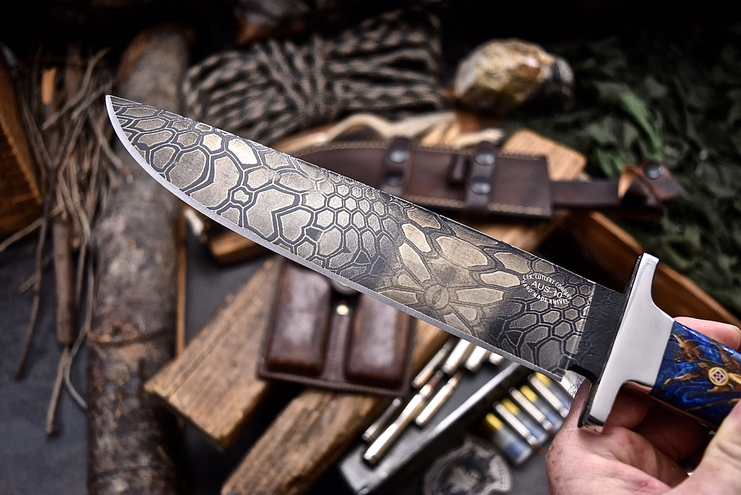 CFK Handmade CAMO AUS-10 Custom PINE CONE Corelon COFFIN BOWIE Hunting Camping Knife Set