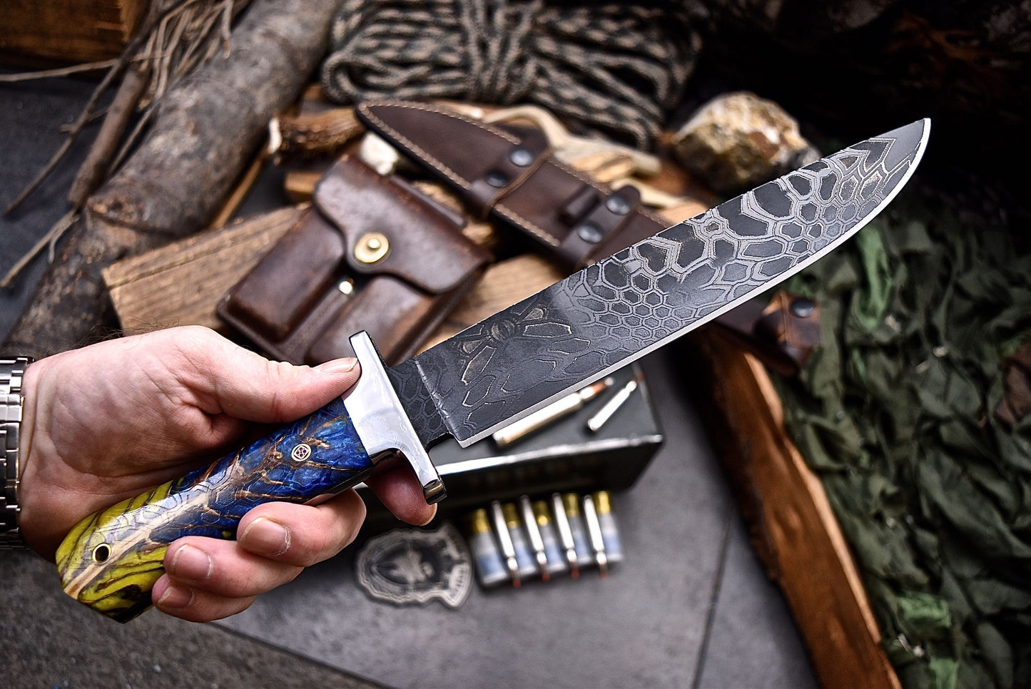 CFK Handmade CAMO AUS-10 Custom PINE CONE Corelon COFFIN BOWIE Hunting Camping Knife Set
