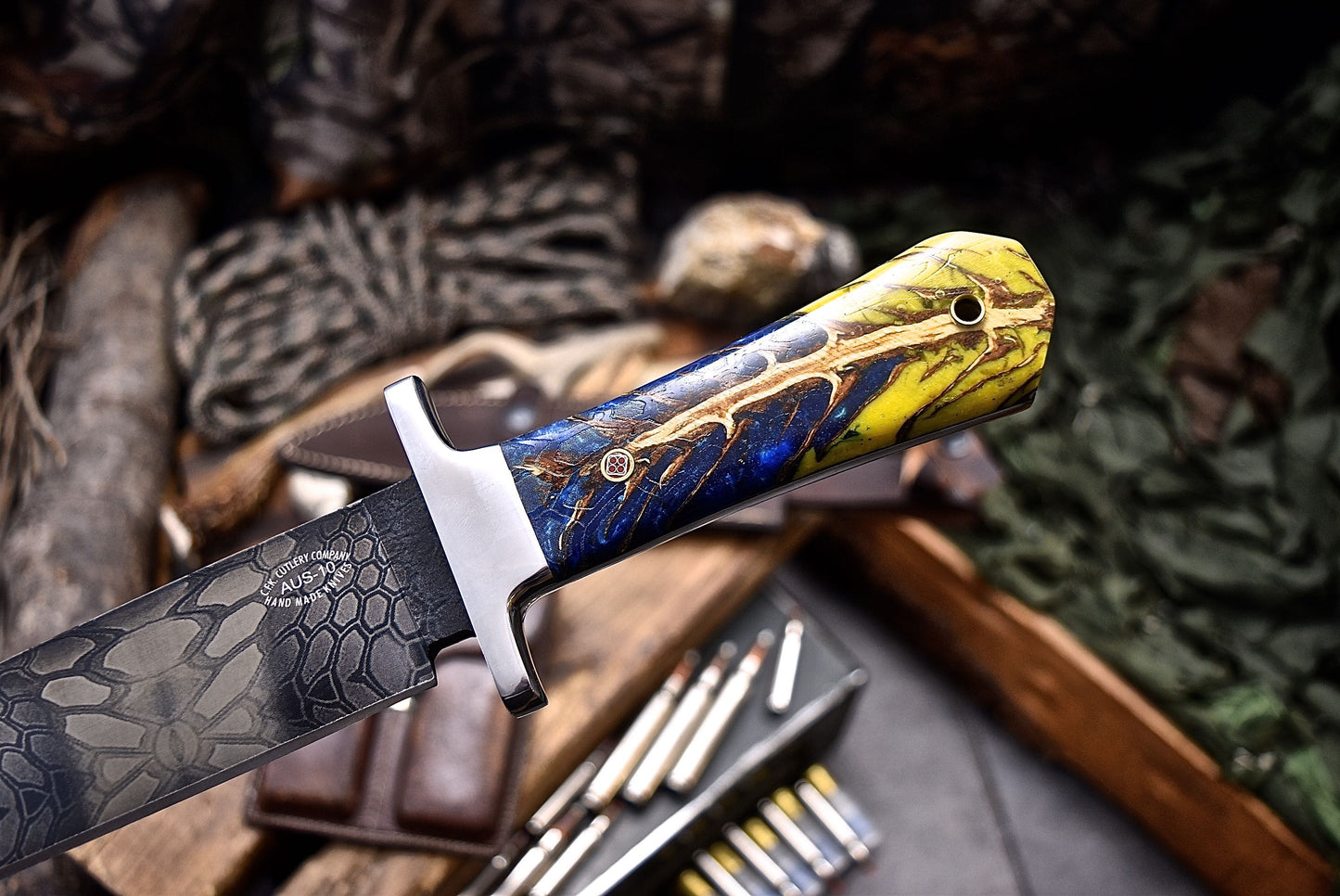 CFK Handmade CAMO AUS-10 Custom PINE CONE Corelon COFFIN BOWIE Hunting Camping Knife Set