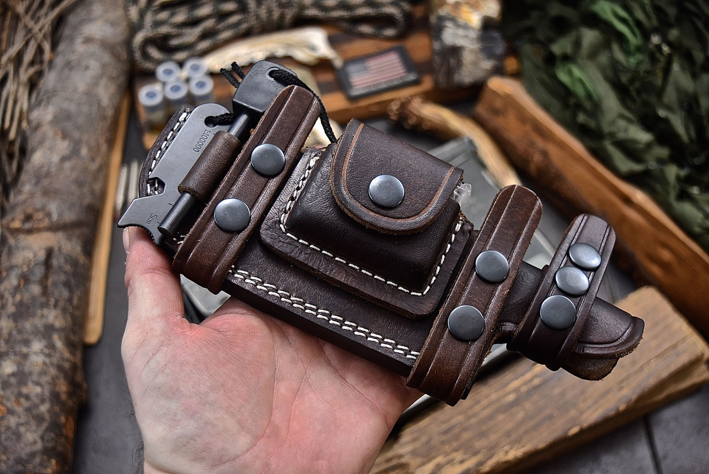 CFK Handmade DARK BROWN Leather Horizontal 6 1/4" INCH Scout Knife Sheath & Accessories Set