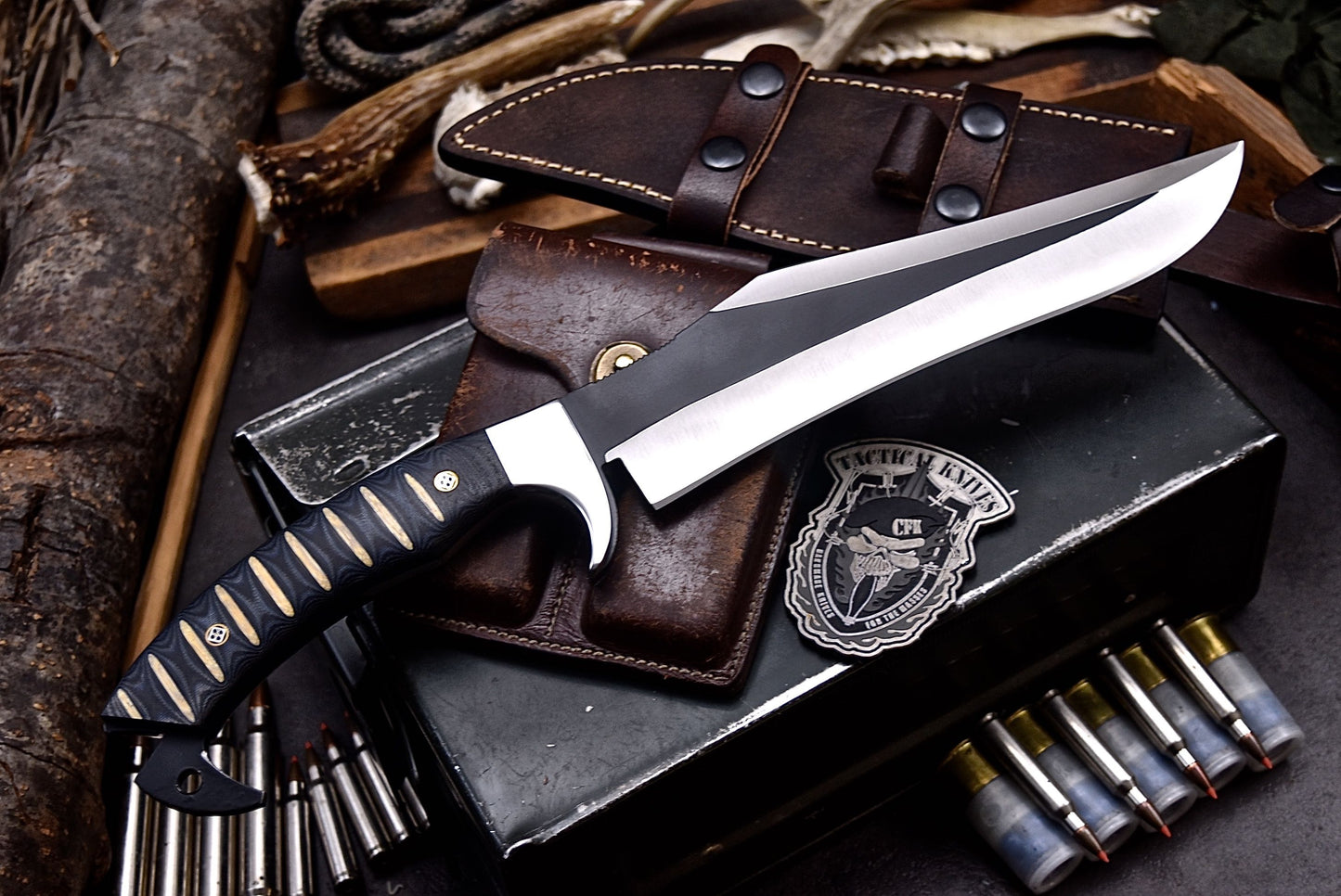 CFK Handmade AUS-10 Custom MICARTA Tactical Hunting Chopper Camping Knife Set