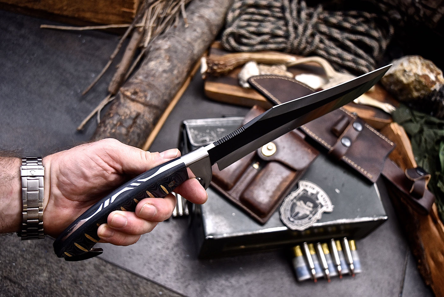 CFK Handmade AUS-10 Custom MICARTA Tactical Hunting Chopper Camping Knife Set