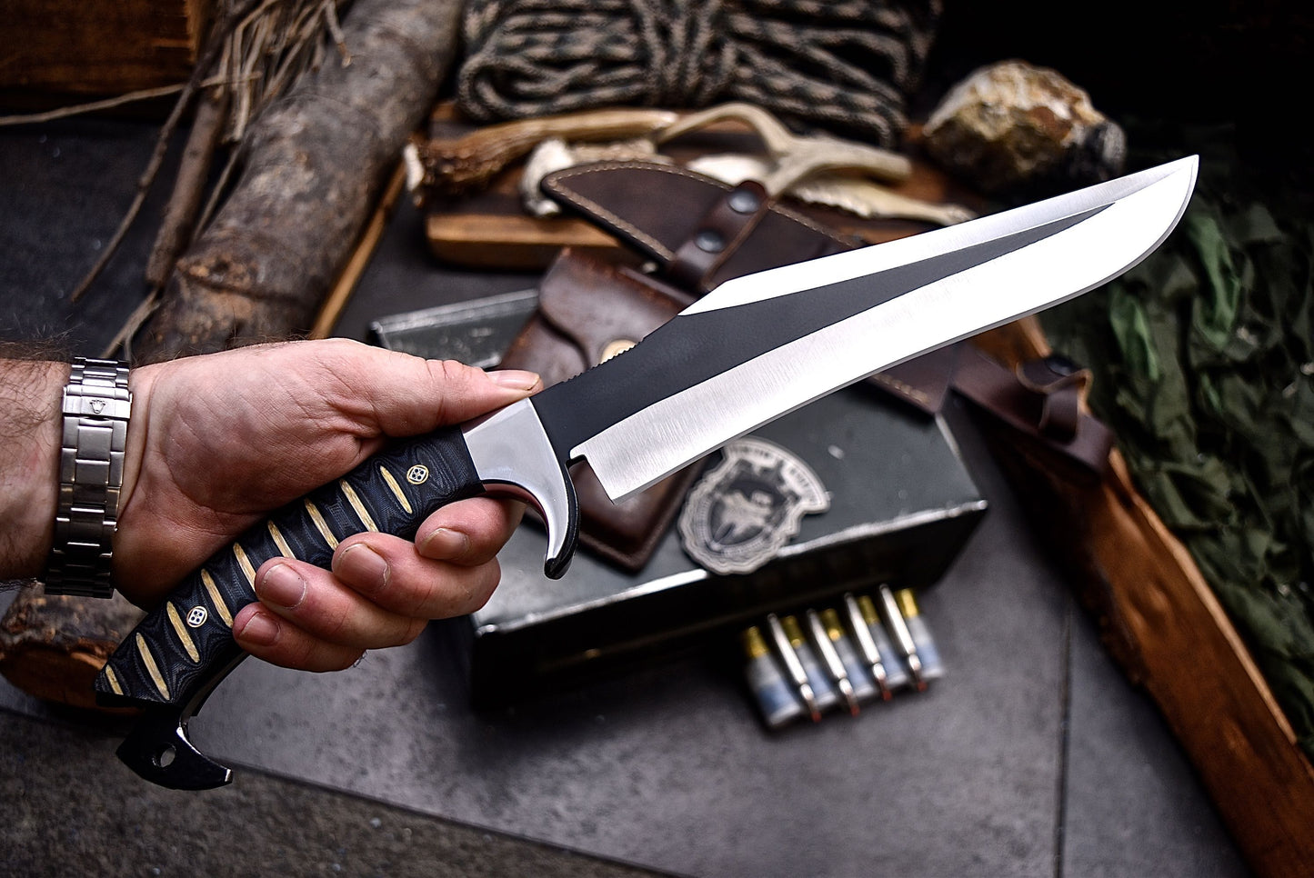 CFK Handmade AUS-10 Custom MICARTA Tactical Hunting Chopper Camping Knife Set
