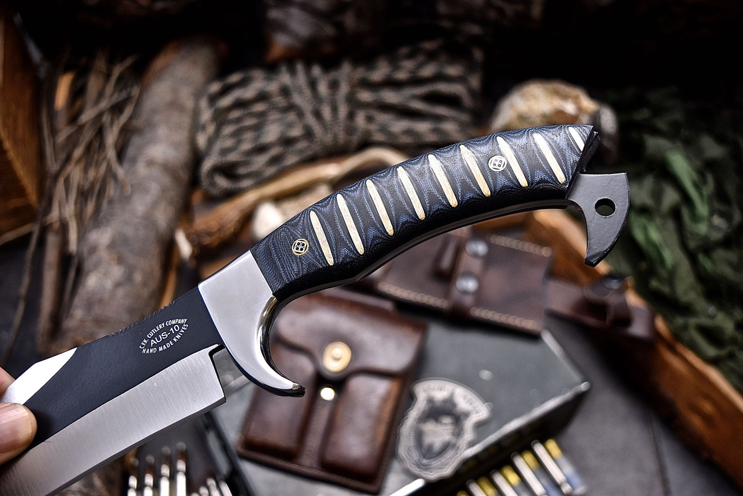 CFK Handmade AUS-10 Custom MICARTA Tactical Hunting Chopper Camping Knife Set