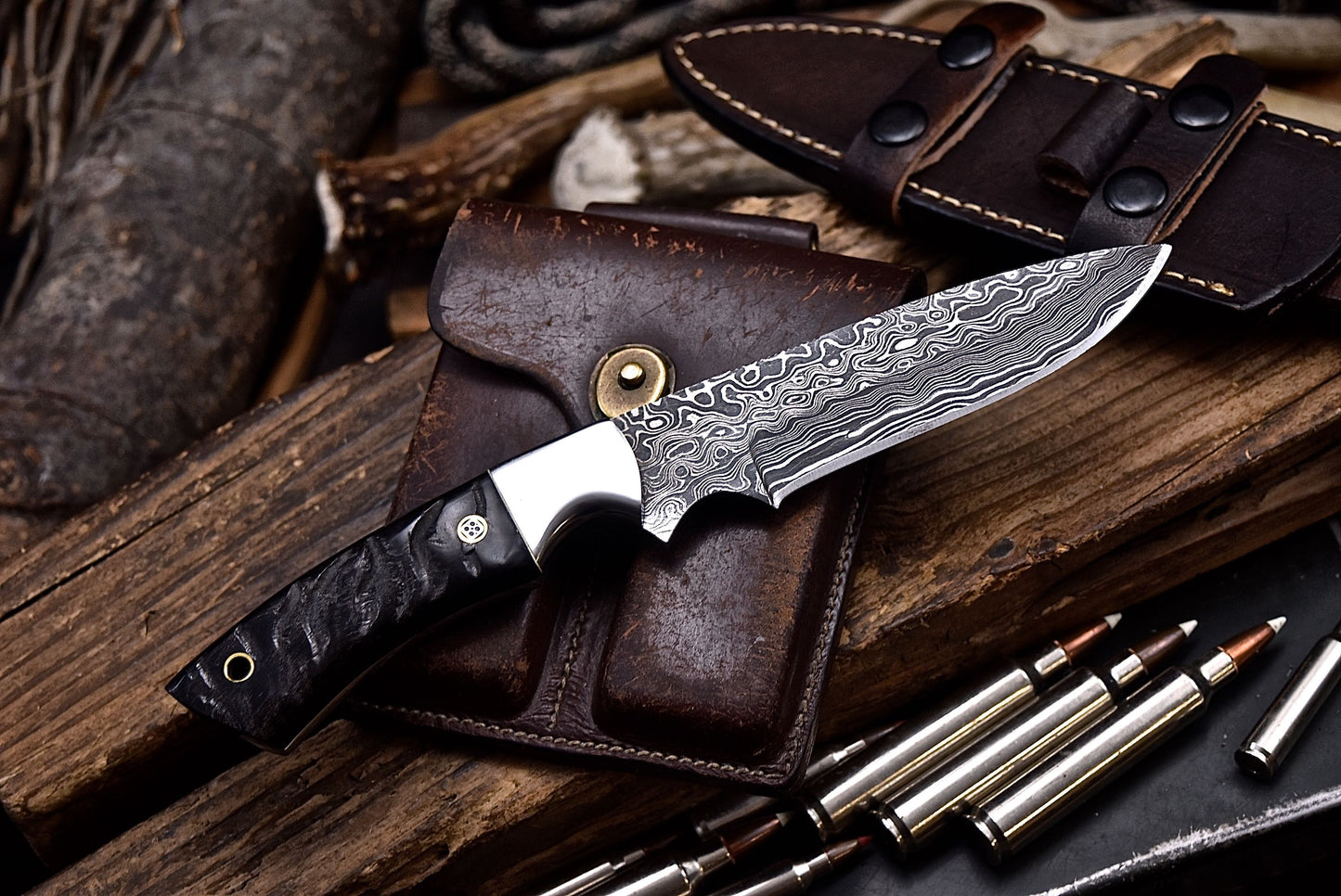 CFK Handmade Damascus Custom DARK SHEEP HORN Large Hunting Skinner Knife Set