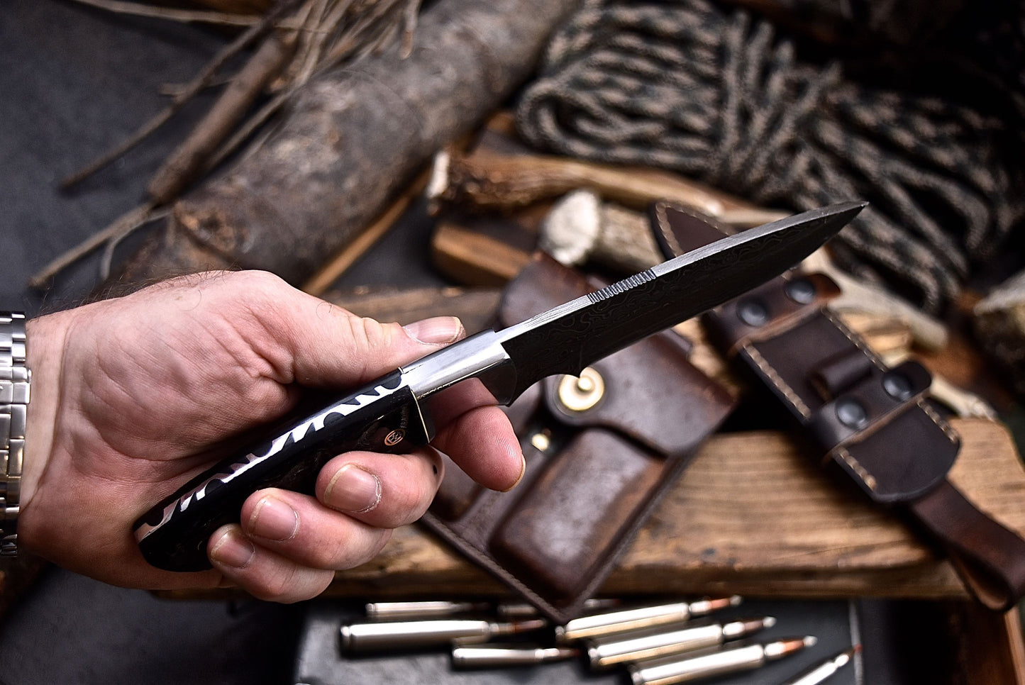 CFK Handmade Damascus Custom DARK SHEEP HORN Large Hunting Skinner Knife Set