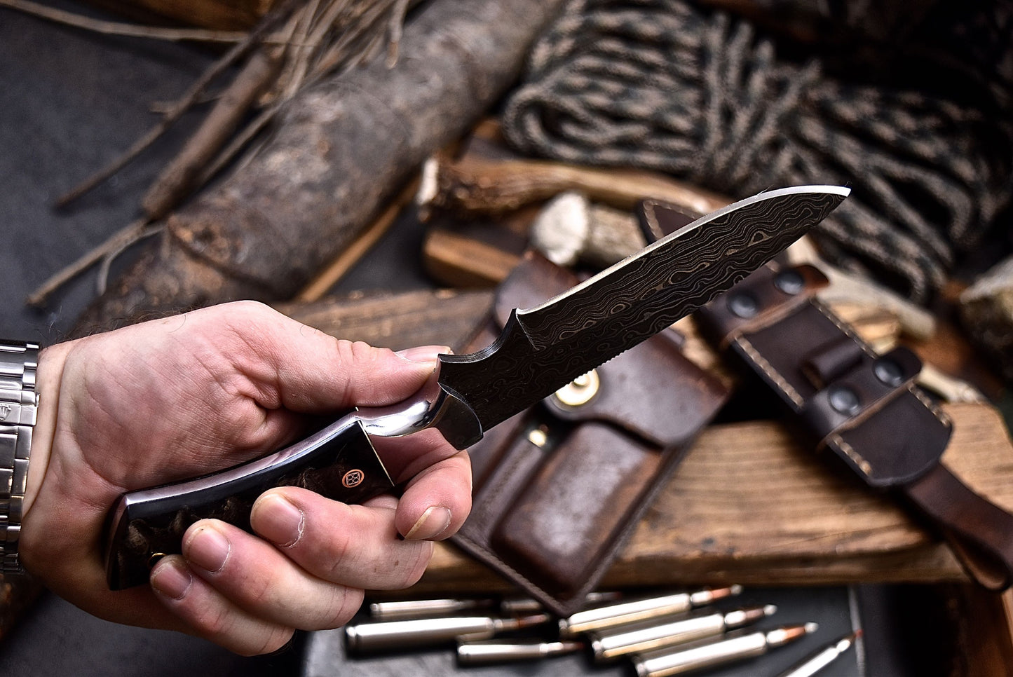 CFK Handmade Damascus Custom DARK SHEEP HORN Large Hunting Skinner Knife Set
