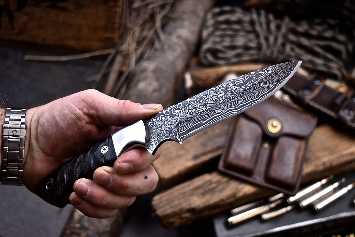 CFK Handmade Damascus Custom DARK SHEEP HORN Large Hunting Skinner Knife Set