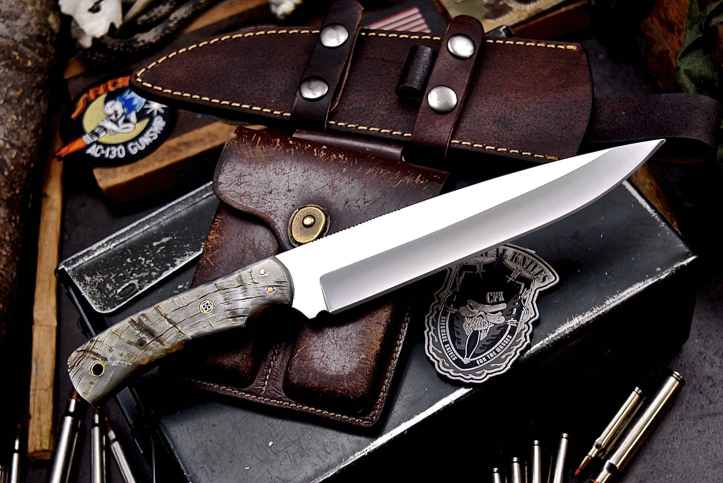 CFK Handmade ATS 34 Custom GENUINE SHEEP HORN Large Hunting Camping Knife SET