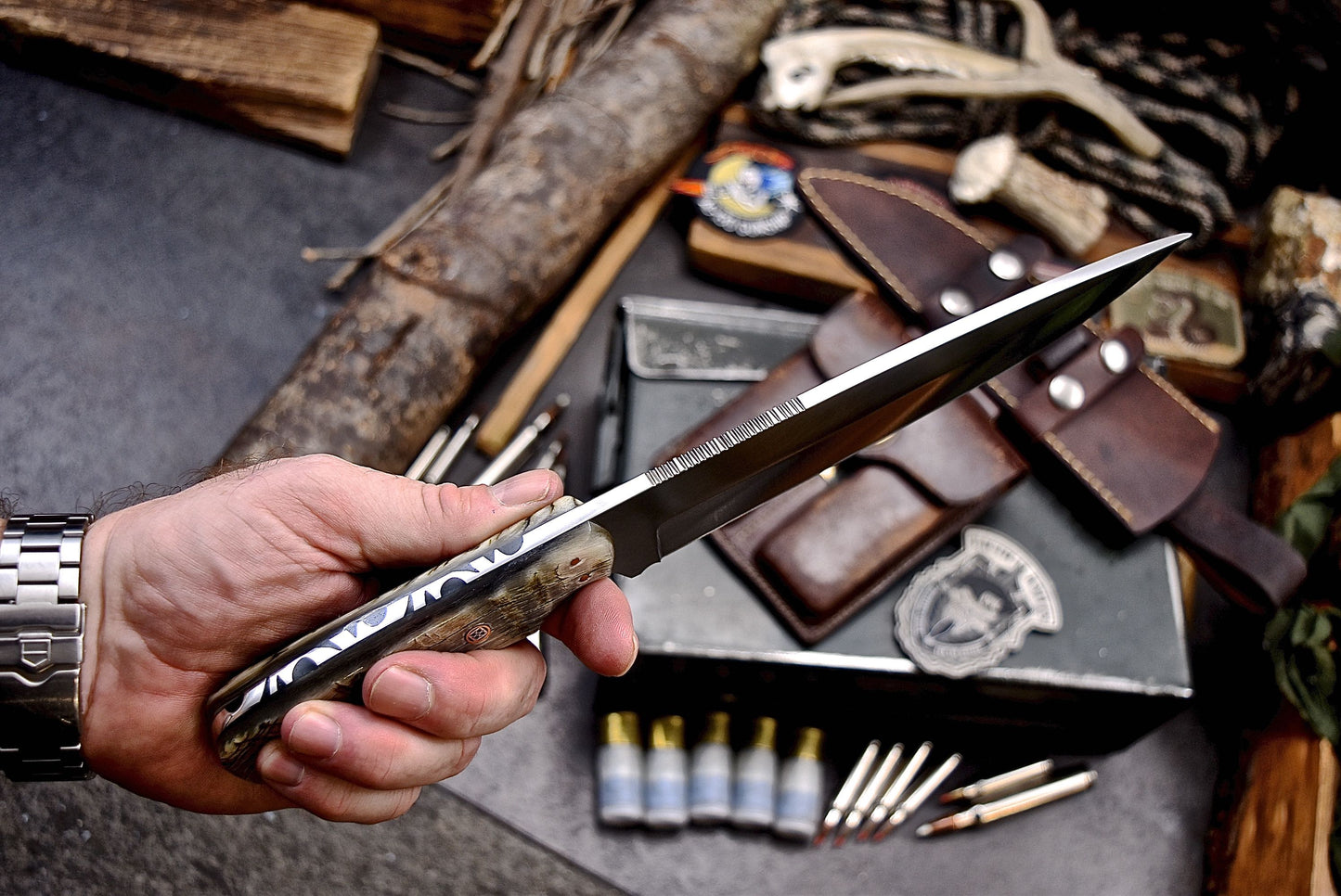 CFK Handmade ATS 34 Custom GENUINE SHEEP HORN Large Hunting Camping Knife SET