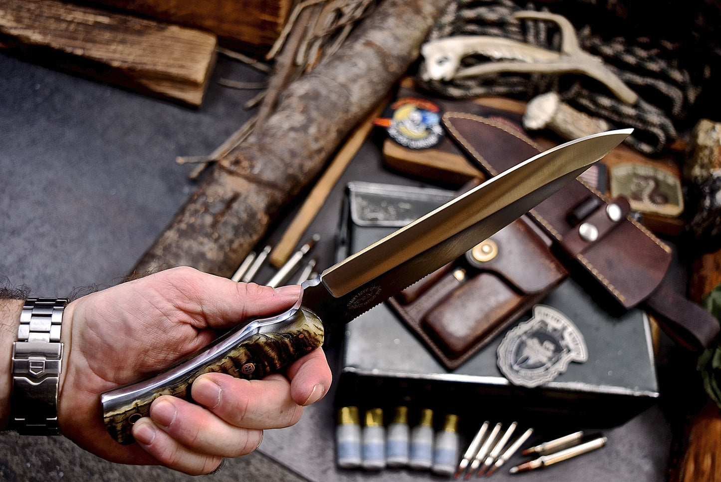 CFK Handmade ATS 34 Custom GENUINE SHEEP HORN Large Hunting Camping Knife SET