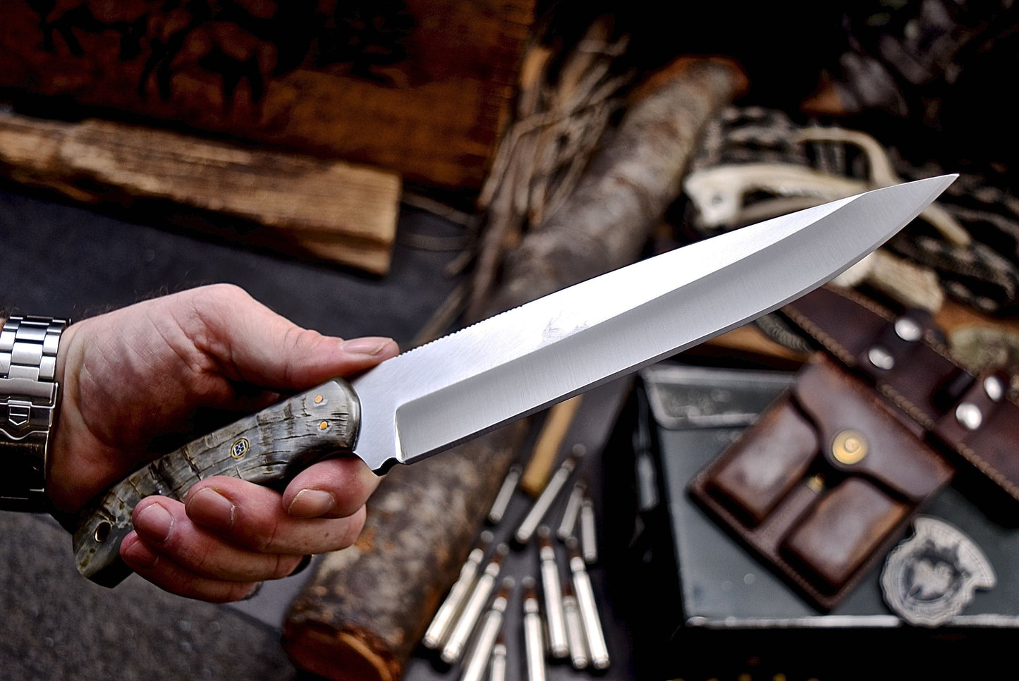CFK Handmade ATS 34 Custom GENUINE SHEEP HORN Large Hunting Camping Knife SET