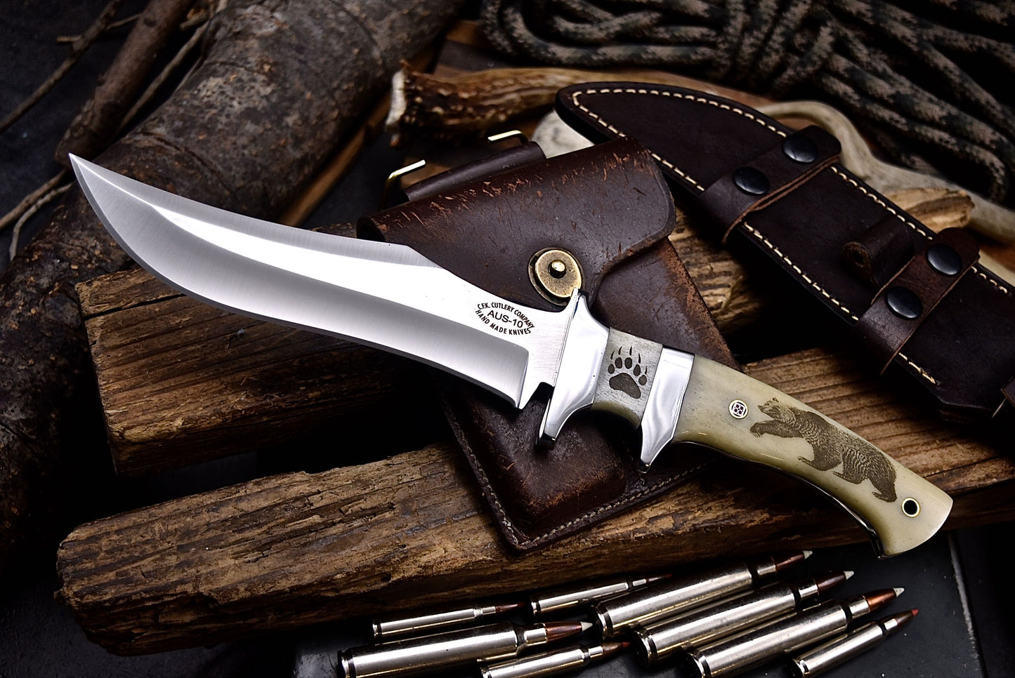 CFK Handmade AUS-10 Custom BEAR & PAW SCRIMSHAW BONE Sub Hilt Hunting Knife Set