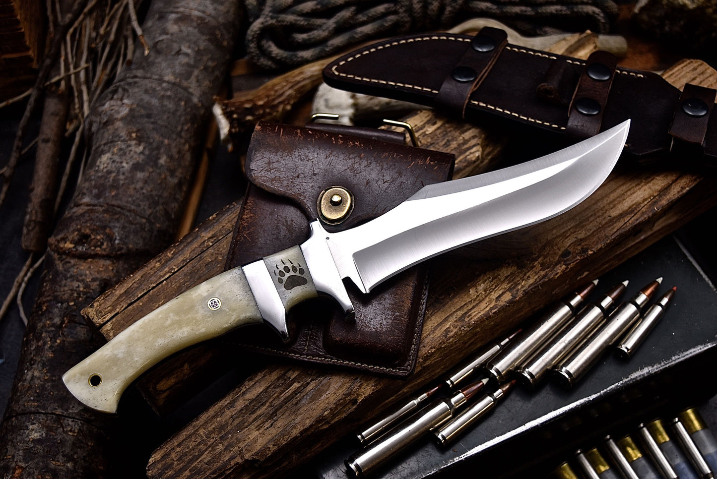 CFK Handmade AUS-10 Custom BEAR & PAW SCRIMSHAW BONE Sub Hilt Hunting Knife Set