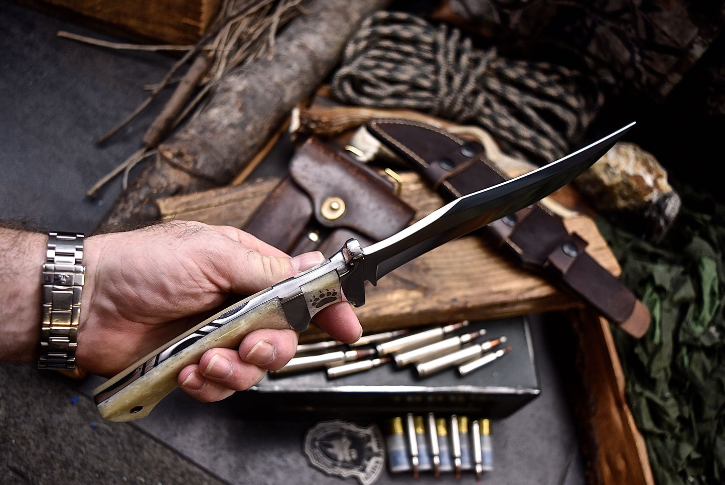 CFK Handmade AUS-10 Custom BEAR & PAW SCRIMSHAW BONE Sub Hilt Hunting Knife Set