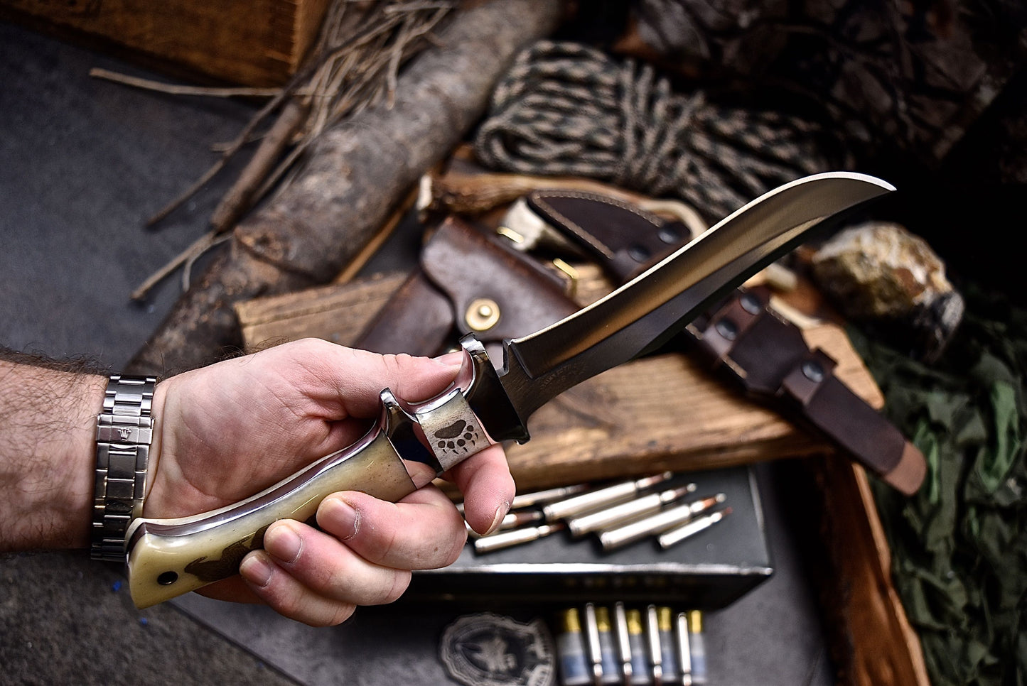 CFK Handmade AUS-10 Custom BEAR & PAW SCRIMSHAW BONE Sub Hilt Hunting Knife Set