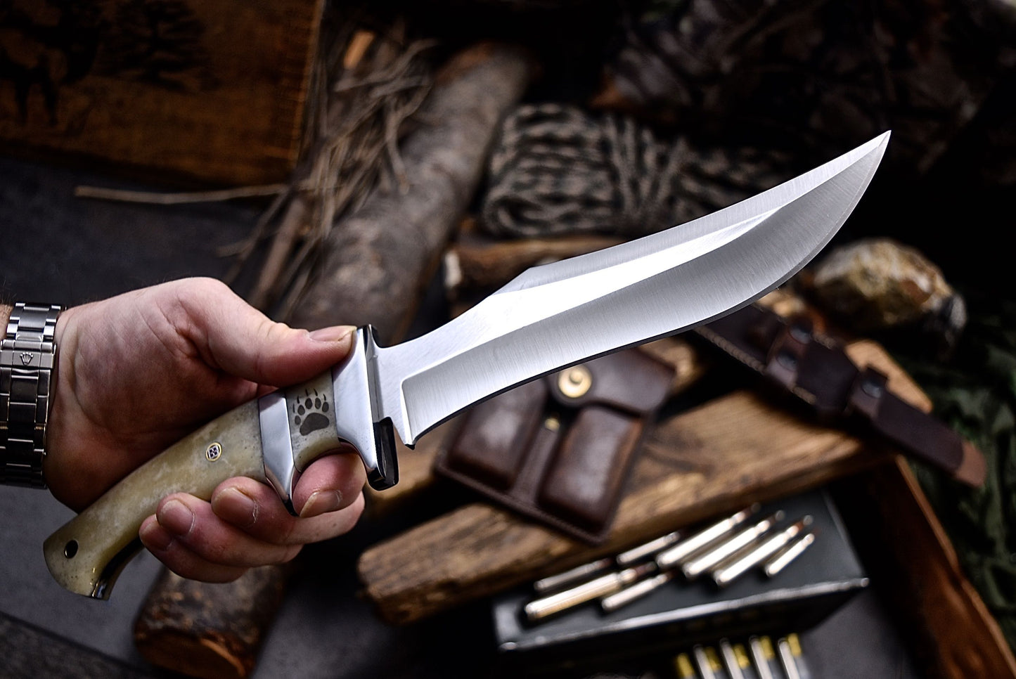 CFK Handmade AUS-10 Custom BEAR & PAW SCRIMSHAW BONE Sub Hilt Hunting Knife Set