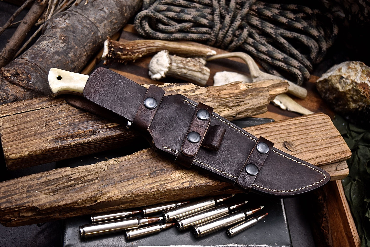 CFK Handmade AUS-10 Custom BEAR & PAW SCRIMSHAW BONE Sub Hilt Hunting Knife Set