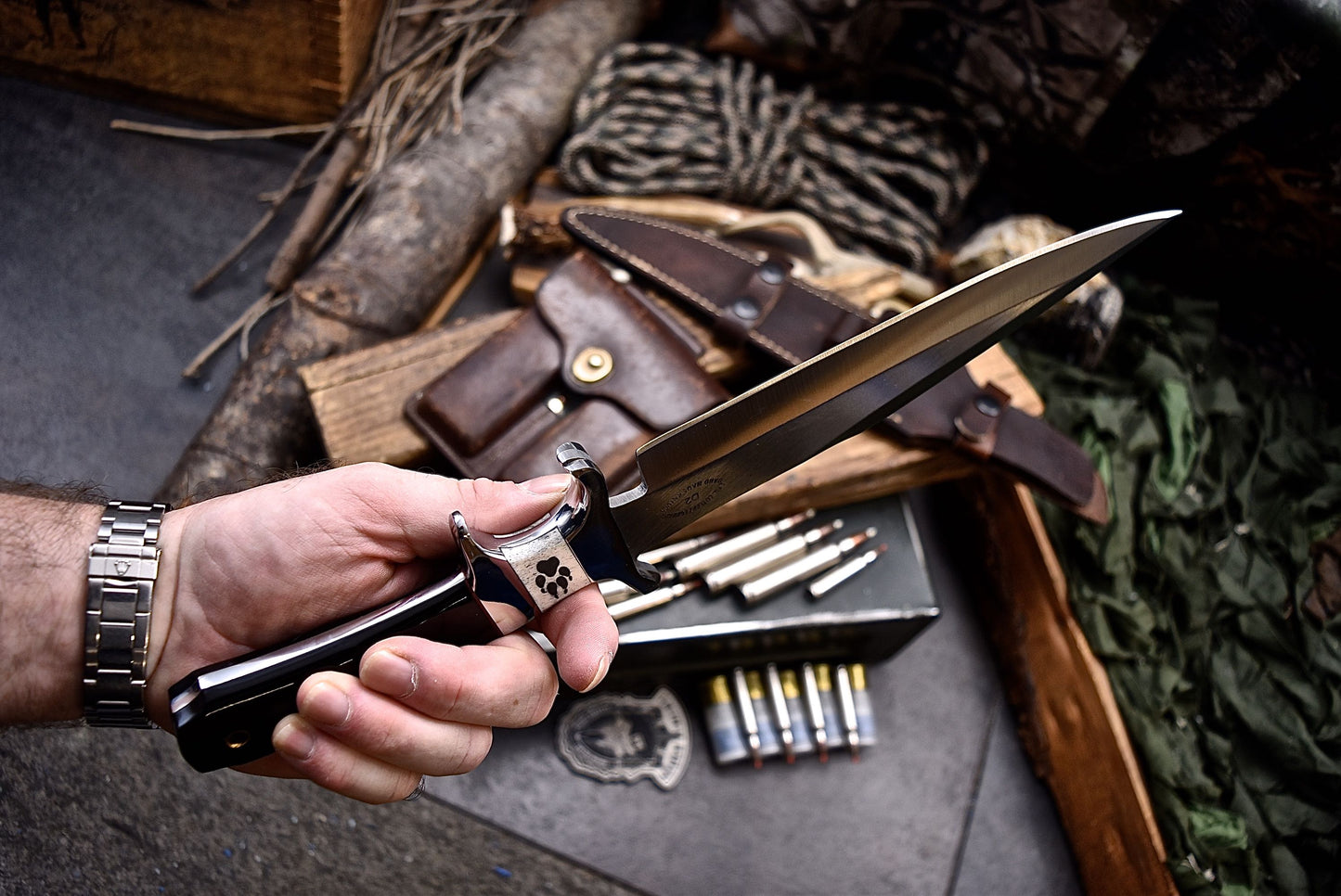 CFK Handmade D2 Custom WOLF PAW SCRIMSHAW BONE HORN Sub Hilt Hunting Knife Set