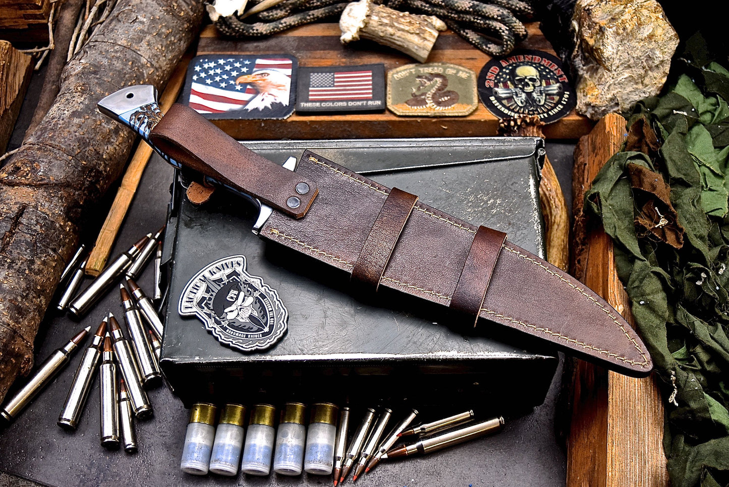 CFK Handmade AUS 10 Custom BLUE PINE CONE Large Hunting Knife & Sheath Set