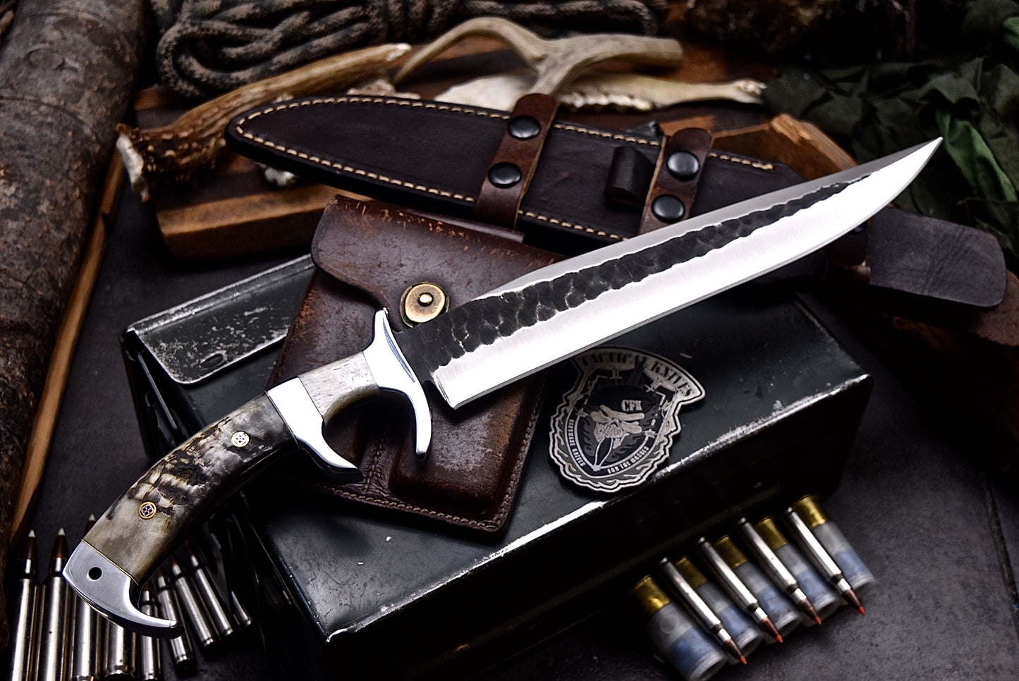 CFK Handmade D2 Custom SHEEP HORN BONE Large WWII REPLICA Sub Hilt Hunting Fighter Knife Set