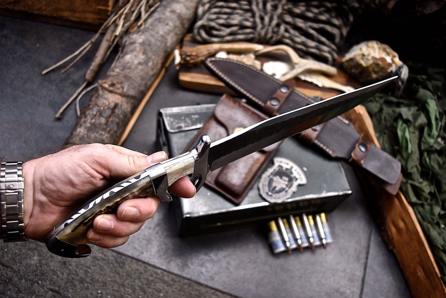 CFK Handmade D2 Custom SHEEP HORN BONE Large WWII REPLICA Sub Hilt Hunting Fighter Knife Set
