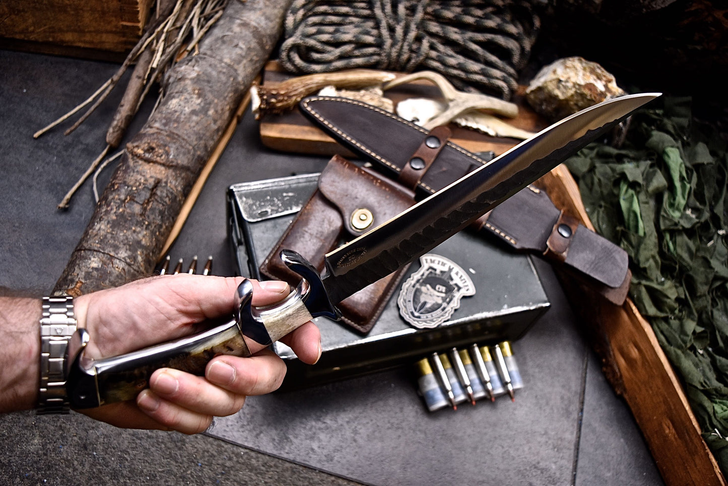 CFK Handmade D2 Custom SHEEP HORN BONE Large WWII REPLICA Sub Hilt Hunting Fighter Knife Set