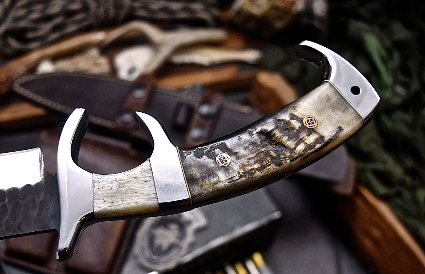 CFK Handmade D2 Custom SHEEP HORN BONE Large WWII REPLICA Sub Hilt Hunting Fighter Knife Set