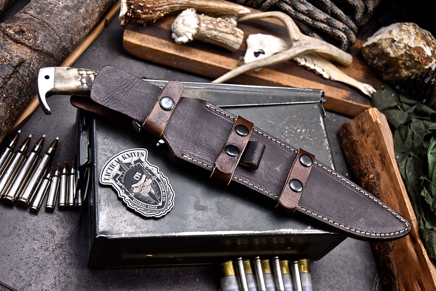 CFK Handmade D2 Custom SHEEP HORN BONE Large WWII REPLICA Sub Hilt Hunting Fighter Knife Set