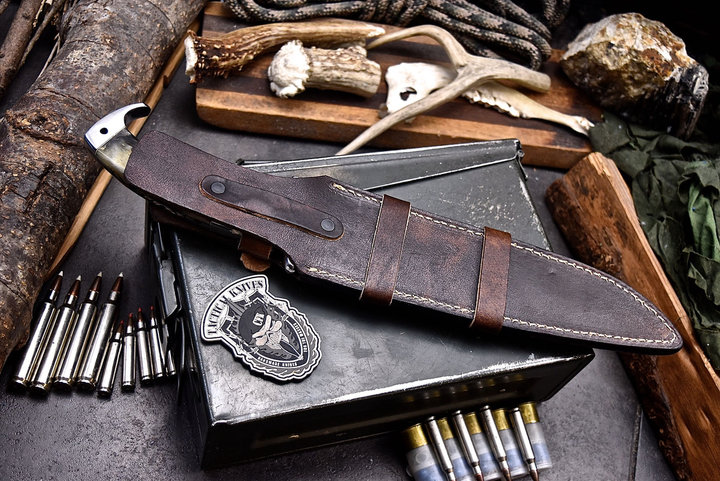 CFK Handmade D2 Custom SHEEP HORN BONE Large WWII REPLICA Sub Hilt Hunting Fighter Knife Set
