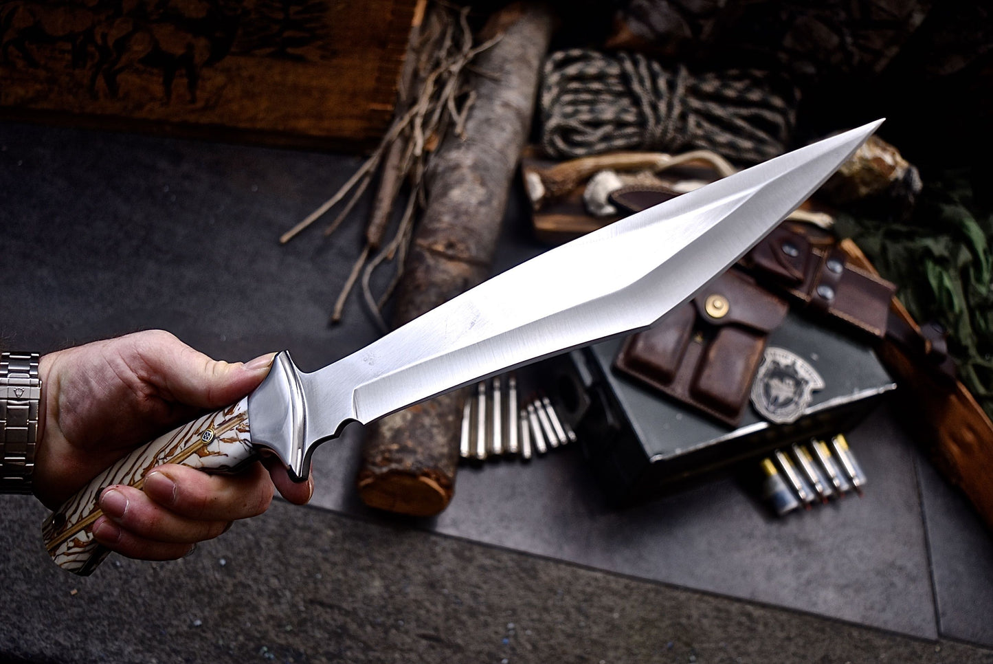 CFK Handmade AUS-10 Custom PINE CONE Corelon Large Chopper Hunting Hiking Knife Set