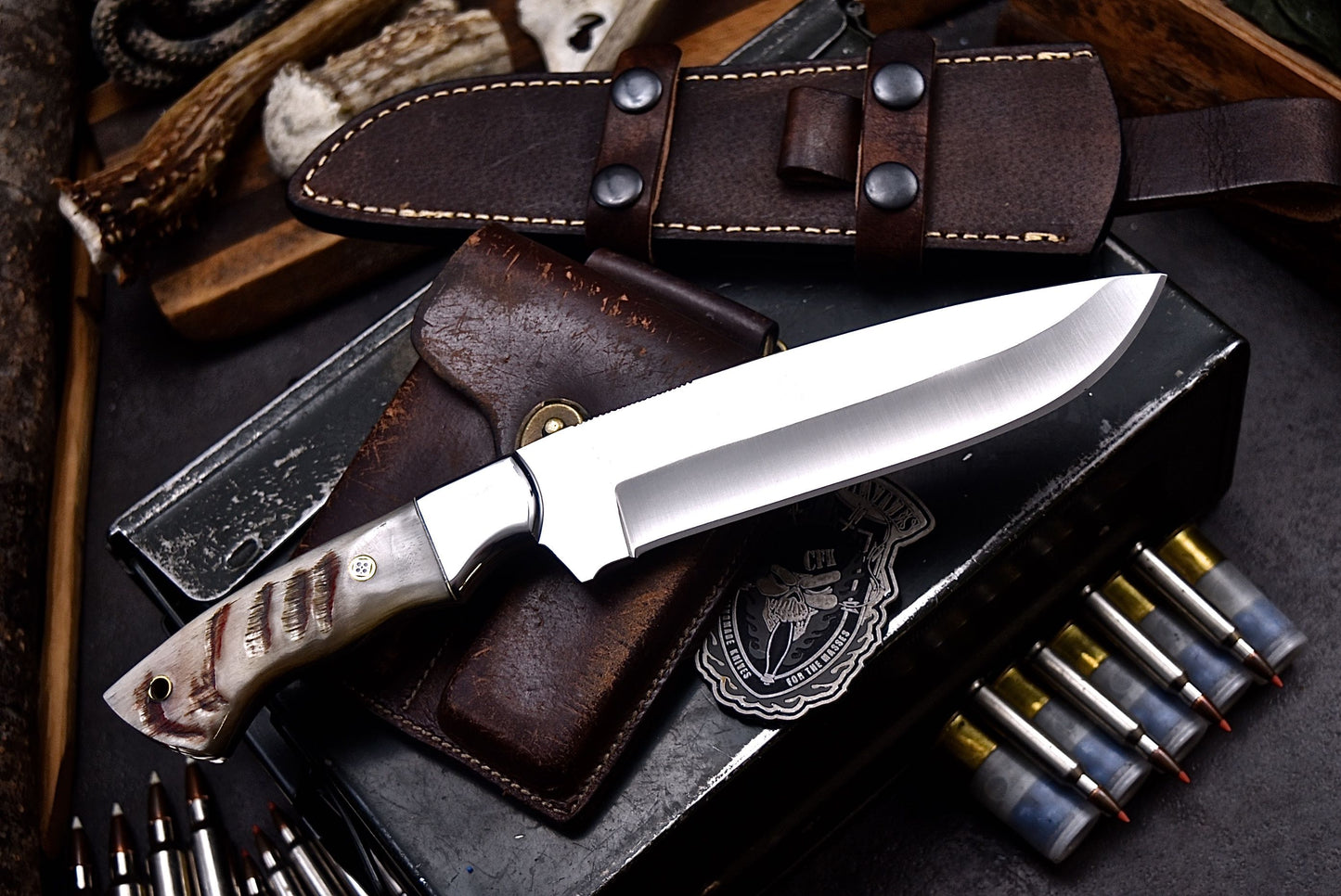 CFK Handmade D2 Custom SHEEP HORN Large Skinner Camping Hunting Knife Set