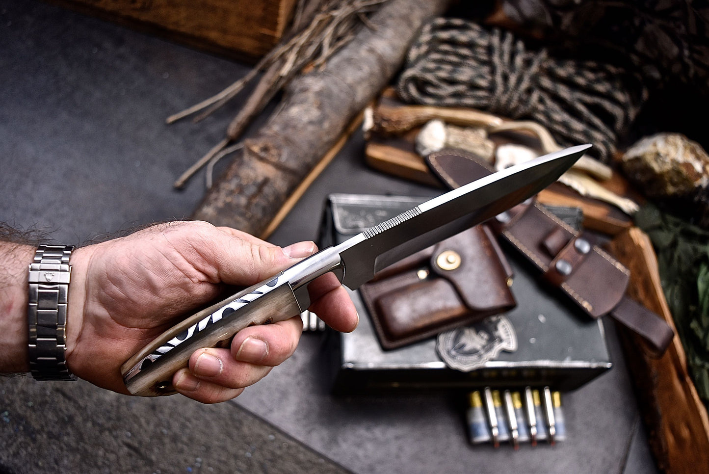 CFK Handmade D2 Custom SHEEP HORN Large Skinner Camping Hunting Knife Set